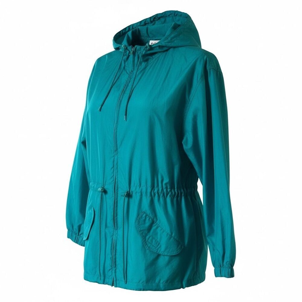 Basic Editions Women's Teal Hooded Windbreaker Jacket Size S Vintage - Picture 2 of 6